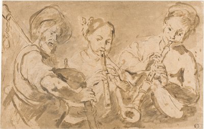Tre musiker spelar horn och pipa av Bernardo Strozzi
