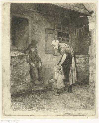 Kvinna med litet barn står med sittande gubbe framför arbetarens hus av Bernardus Johannes Blommers