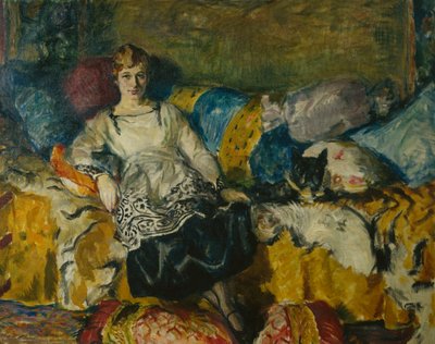 Kvinna med hund på soffan av Bernhard Dorotheus Folkestad