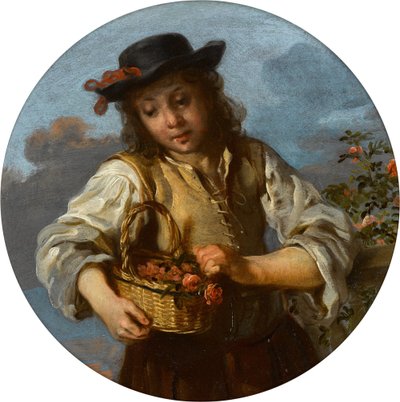 En pojke bär en korg med rosor av Bernhard Keil