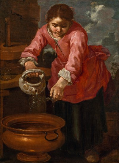 Italienska:  Lavaggio di un vetro di vino En ung kvinna som tvättar ett glas ("Allegori om vatten") av Bernhard Keil
