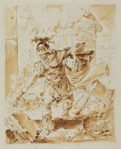 Alexander sätter eld på Persepolis (penna och brunt bläck med brun lavering över grafit på liggande papper) av Bernhard Rode