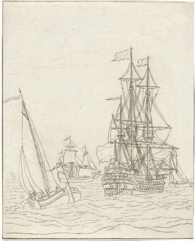 Ett krigsfartyg och tre segelfartyg på öppet hav av Bernhard Schreuder