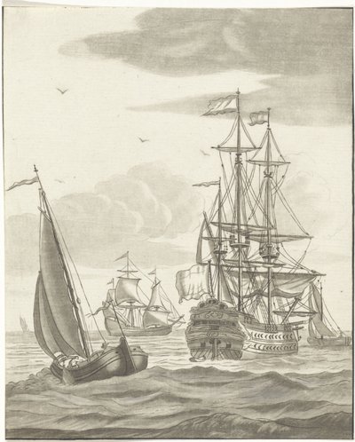 Ett krigsfartyg och tre segelfartyg på öppet hav av Bernhard Schreuder