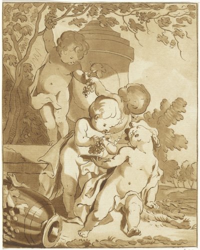 Fyra putti som plockar druvor bredvid en vas av Bernhard Schreuder