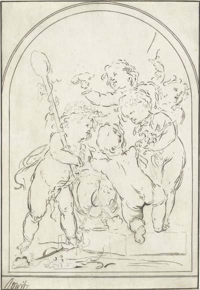 Fem putti vid en vas med vinrankor av Bernhard Schreuder