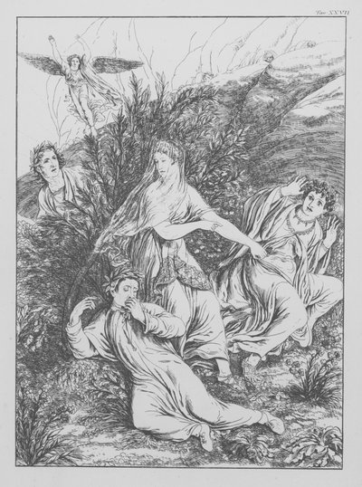 Dantes gudomliga komedi, Purgatorio (Skärselden), plansch XXVII (litografi) av Bernhard Schuler
