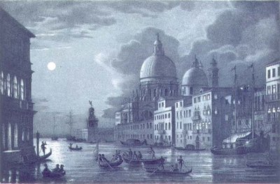 Nattlig scen av Canal Grande och Santa Maria della Salute, Venedig, graverad av Brizeghel (litho) av Berselli (after)