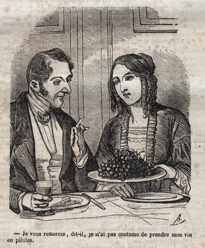 Tack, jag är inte van att ta mitt vin i piller (druva) - gravering i "La Physiologie du gout"" av Jean Anthelme Brillat Savarin (Brillat-Savarin) av Bertall