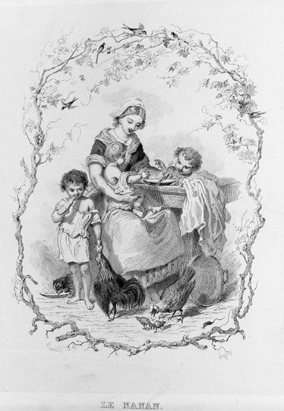 Nanan: en ung mamma ger mat till sina tre barn i "La Physiologie du Gout"" av Brillat - Savarin illustrerad av Bertal. Paris 1840. Jean Anthelme Brillat Savarin (Brillat-Savarin) (1755-1826) fransk gastronom. av Bertall