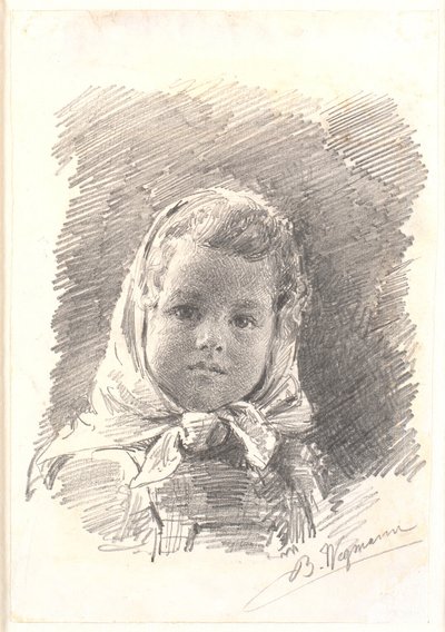 Porträtt av en liten flicka med en halsduk runt huvudet av Bertha Wegmann