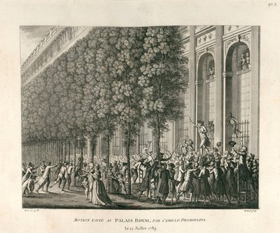 Motion inlämnad vid Palais Royal av Camille Desmoulins den 12 juli 1789 av Berthault
