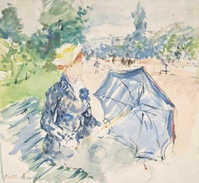 En kvinna som sitter vid en bänk på Avenue du Bois, 1885. av Berthe Morisot