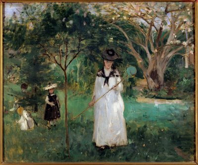 Fjärilsjakt En ung kvinna som håller ett fjärilsnät. Målning av Berthe Morisot (1841-1895) 1874 Sön. 0,46x0,56 m Paris, musee d