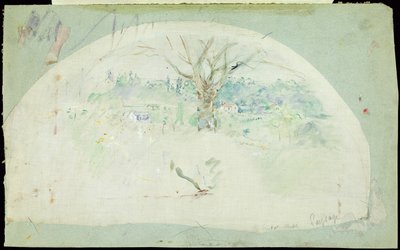 Fläkt föreställande Bougival, 1884 (olja, penna och wc på siden) av Berthe Morisot