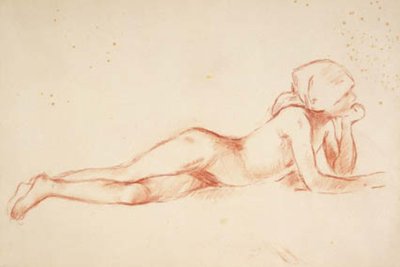 Liggande, naken ung flicka med en halsduk runt huvudet av Berthe Morisot