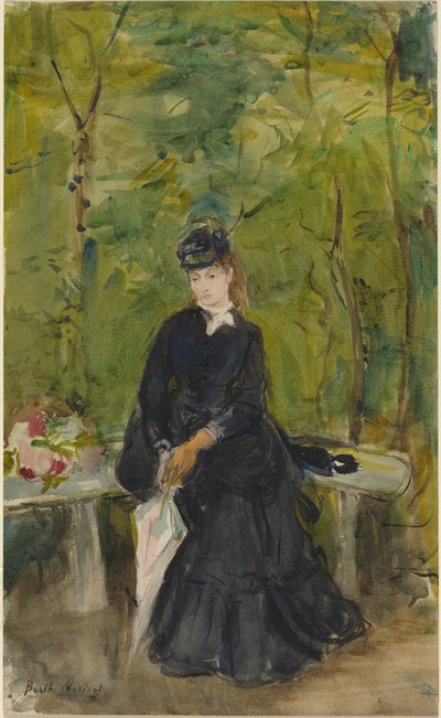 Konstnärens syster Edma sittande i en park av Berthe Morisot