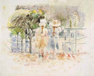 Två små flickor vid en balustrad vid sjön i Jardin des Tuileries, Paris av Berthe Morisot