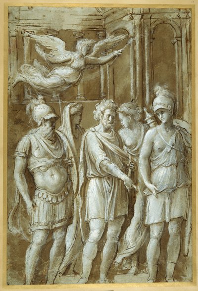Panel från Konstantinbågen (penna & brunt bläck med brun tvätt förhöjd med vit kroppsfärg på carta azzurra) av Biagio Pupini