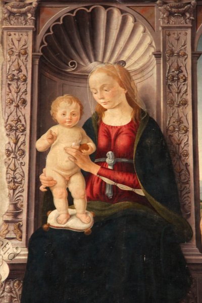 Madonna med barnet tronande tillsammans med Johannes Döparen och Jeronimo av Biagio d
