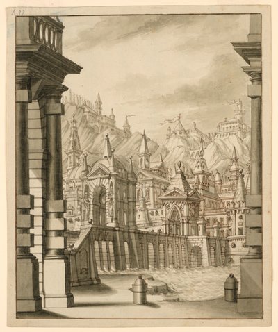 Scenografi, stad på kulle med tornförsedda byggnader av Bibiena Family, 1657