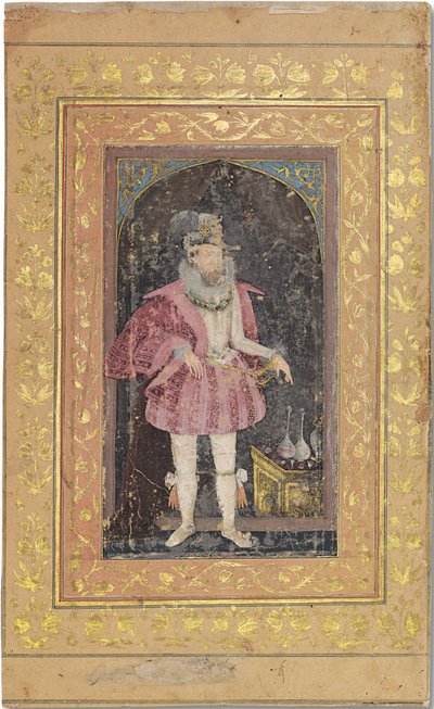 A Rare Mughal Portrait of James I, c.1615-18 (ogenomskinliga pigment förhöjda med guld på papper) av Bichitr Bichitr