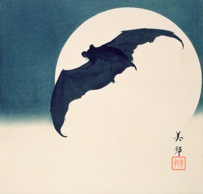 Fladdermus och fullmåne (träblock i färg) av Biho Takashi or Takahashi (b. 1873. fl 1890 1930)