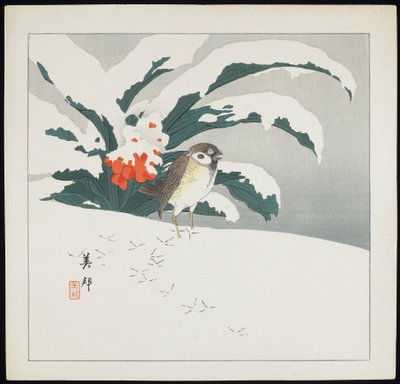 Fågel i snö, tidigt 1900-tal av Biho Takashi or Takahashi (b. 1873. fl 1890 1930)