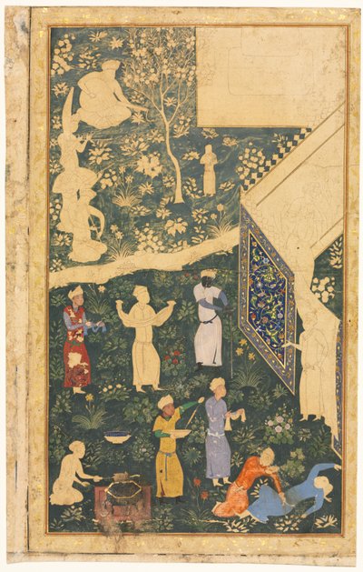 Musiker och tjänare utanför ett kungligt läger recto, ca. 1485. av Bihzad