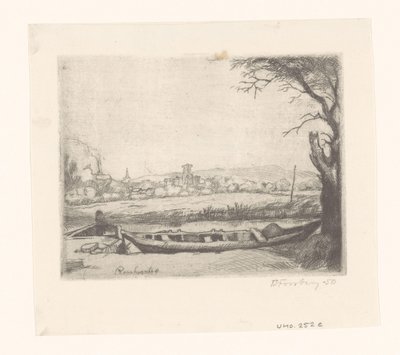 Kanal med en stor båt och en bro ("The Schuytje i förgrunden") av Birger John Forsberg