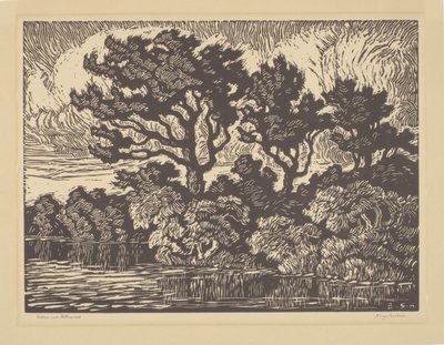Pil och bomullsträd, ca 1931 (linoleumsnitt) av Birger Sandzen