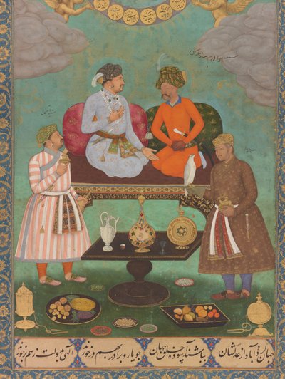 Jahangir underhåller Shah Abbas från S:t Petersburgs album (detalj), ca 1620 (akvarell, guld, bläck på papper) av Bishandas