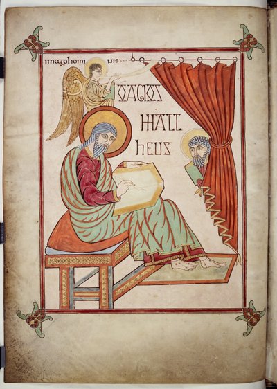 Cotton Nero D. IV, f.25v St. Matthew, skrift, med sin symbol, från Lindisfarne-evangelierna, 710-721 (vellum) av Bishop of Lindisfarne Eadfrith