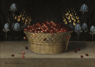 Stilleben med körsbär, lupin och iris, ca 1610 (olja på duk) av Blas de Ledesma