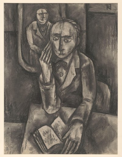 Man sitter vid bordet med en öppen bok av Bob Hanf (signed by artist)