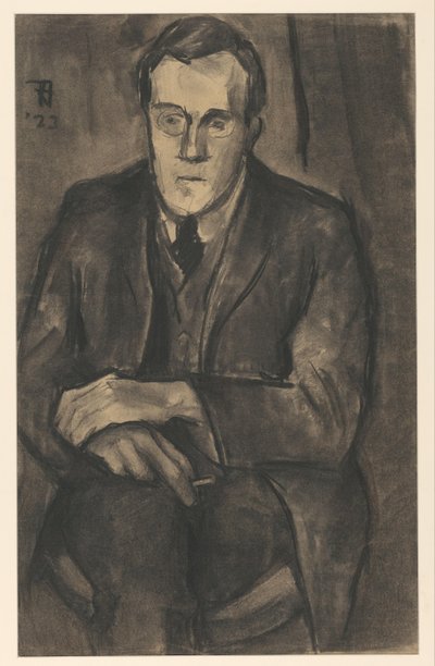 Porträtt av J.W. Yxa, sitter med händerna på knäna av Bob Hanf (signed by artist)