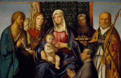 Jungfru och barn med heliga och en donator, 1505-1515 av Boccaccio Boccaccino