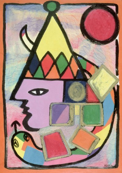 Harlequin, 2000 (olja, pastell och indiskt bläck på papper) av Bodel Rikys