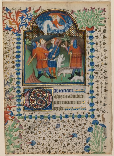 Blad från en timbok: Bebådelse till herdarna (recto) av Boethius Illuminator