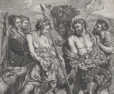 Diana återvände från jakten, åtföljd av hundar och hennes nymfer till vänster, två satt..., ca. 1640-59. av Boetius Adams Bolswert