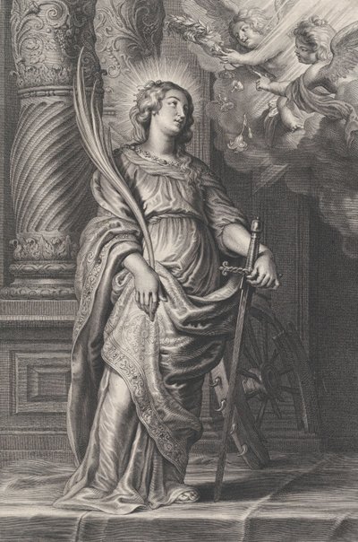 Saint Catherine håller palmblad och ett svärd, två putti över huvudet håller en laura..., ca. 1625-59. av Boetius Adams Bolswert