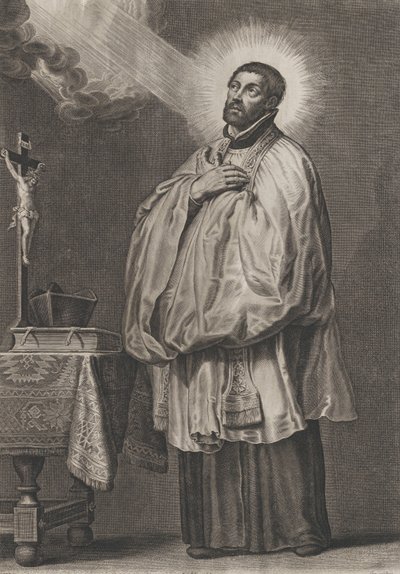 Saint Francis Xavier med ett gudomligt ljus som emanerar mot honom från det övre vänstra,..., ca. 1623-33. av Boetius Adams Bolswert