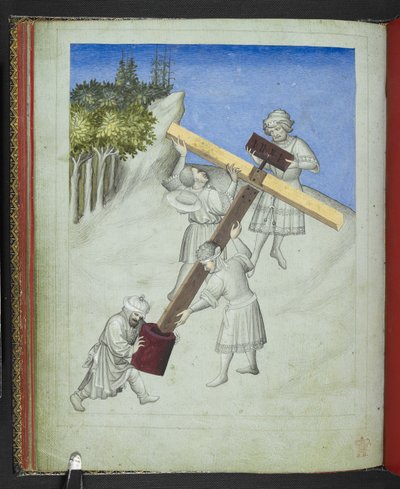 Lägg till 24189, f.11v, Kristi korsmontering, av fyra olika träslag, avbildade i olika färger, från 