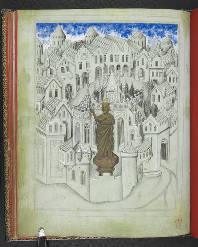 Lägg till 24189, f.9v, Staden Konstantinopel, med en stor staty av kejsar Justinianus stående framför katedralen St Sophia, från 