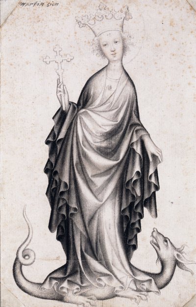 Sankta Margareta av Antiokia (död omkring 305) (sanka Margareta) (hon håller ett krucifix och trampar en drake) - Verk av en bohemisk mästare (aktiv 1410-1420), penna och pensel på papper (21,4x14 cm) , omkring 1410 - Szepmuveszeti Muzeum, Budapest (Ungern av Bohemian School