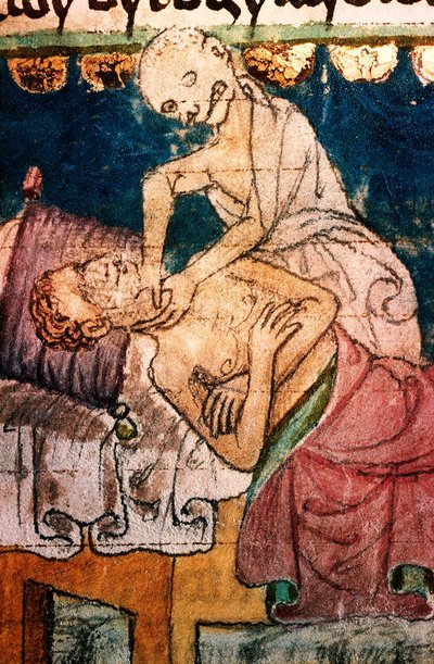 a mort etranglant un pestifere - Death Stranging a Victim of the Plague - Miniature extraite du codex Stini, Boheme av Bohemian School