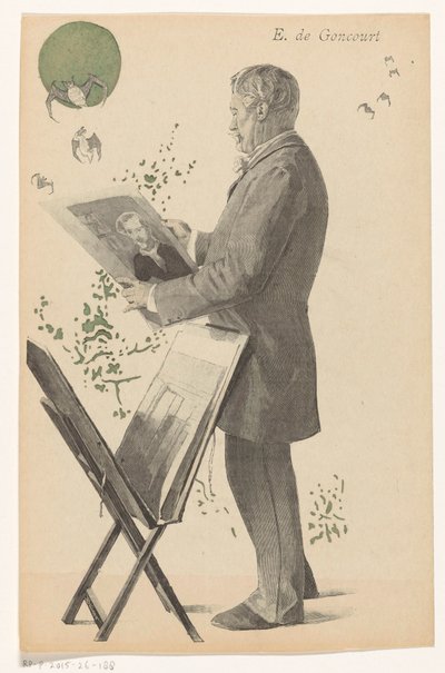 Edmond de Goncourt tittar på ett tryck, bredvid honom en tryckstandard E. de Goncourt (titel på objekt) av Boileau