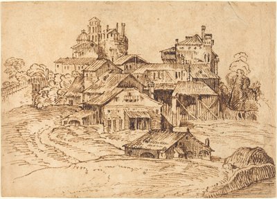 Utsikt över en italiensk stad (efter Titian eller Domenico Campagnola) av Bolognese 17th Century