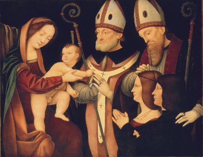 Madonnan och barnet med de heliga Romanus och Ptolomaeus och två givare (olja på panel) av Boltraffio Pseudo