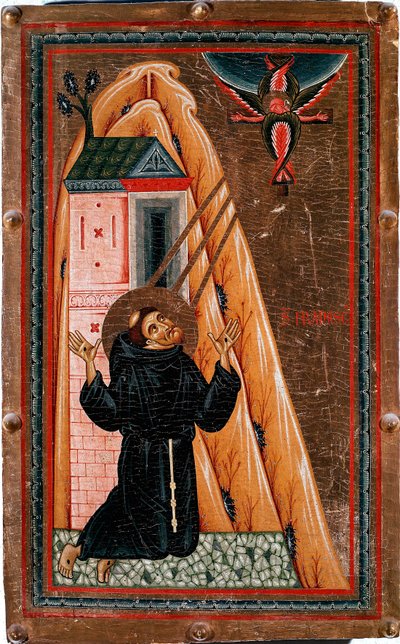 Sankt Francois av Assisis liv "" Sankt Francois får stigmas""" Jesus Kristus korsfäst framstår för honom som en serafin. Målning på trä av Bonaventura Berlinghieri (verksam ca 1228-1274), Dim. 80x51 cm Galleria degli Uffizi (Kontor) Florens av Bonaventura Berlinghieri